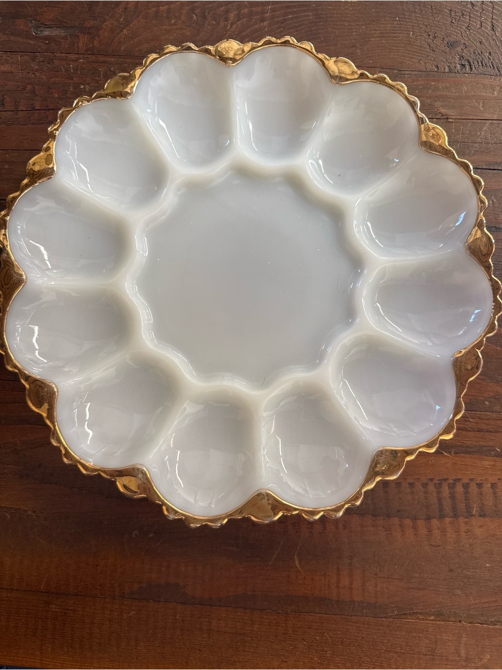 Vintage Milk Glass Deviled Egg Plate Tray with Gold Gilt Rim